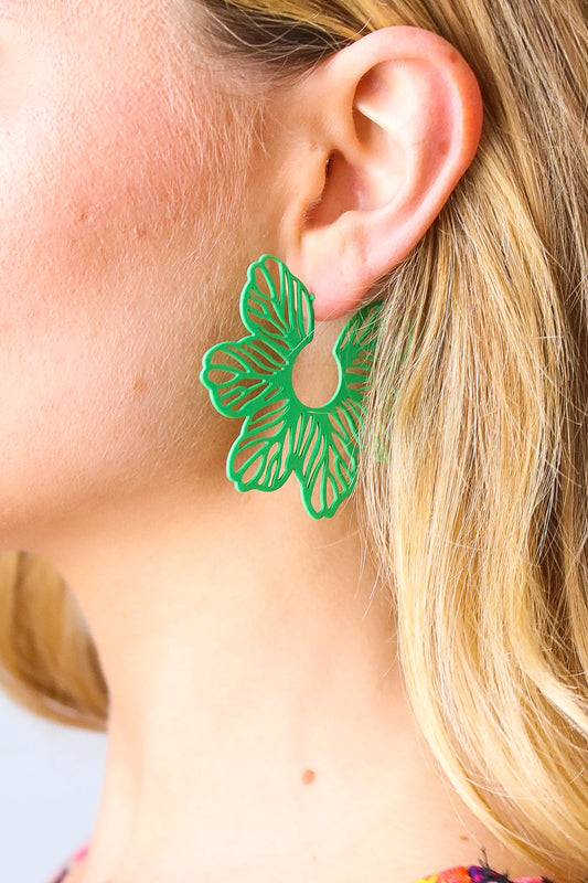 Green Vintage Metal Flower Power Earrings