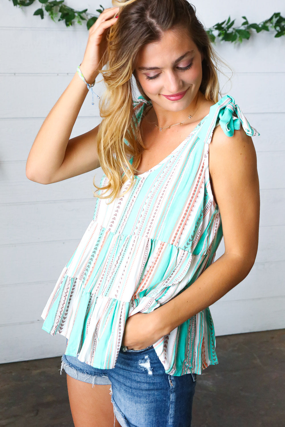 Mint Boho Stripe Shoulder Tie Tiered Woven Top