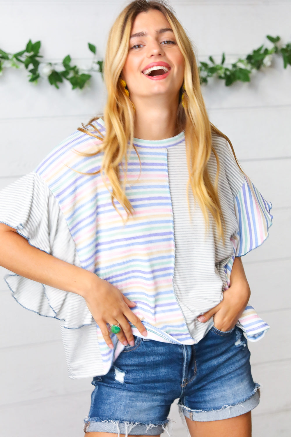 Plum Stripe Color Block Ruffle Sleeve Top