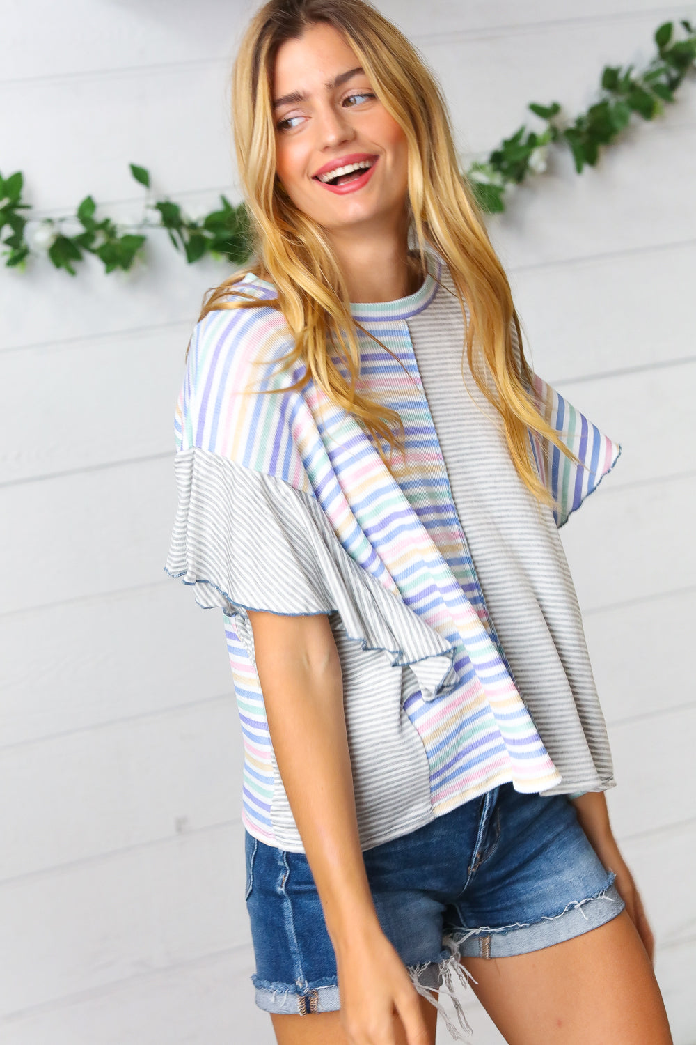 Plum Stripe Color Block Ruffle Sleeve Top