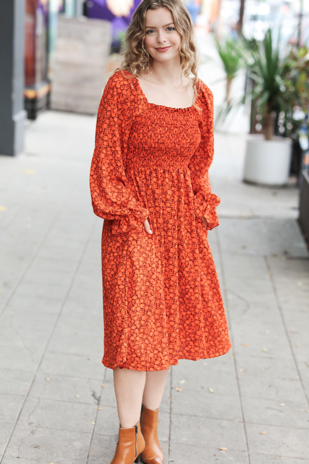 Keep You Close Rust Smocking Ditsy Floral Woven Dress