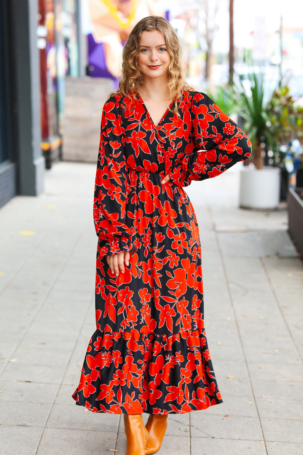 It's A Match Black & Rust Floral Surplice Maxi Dress