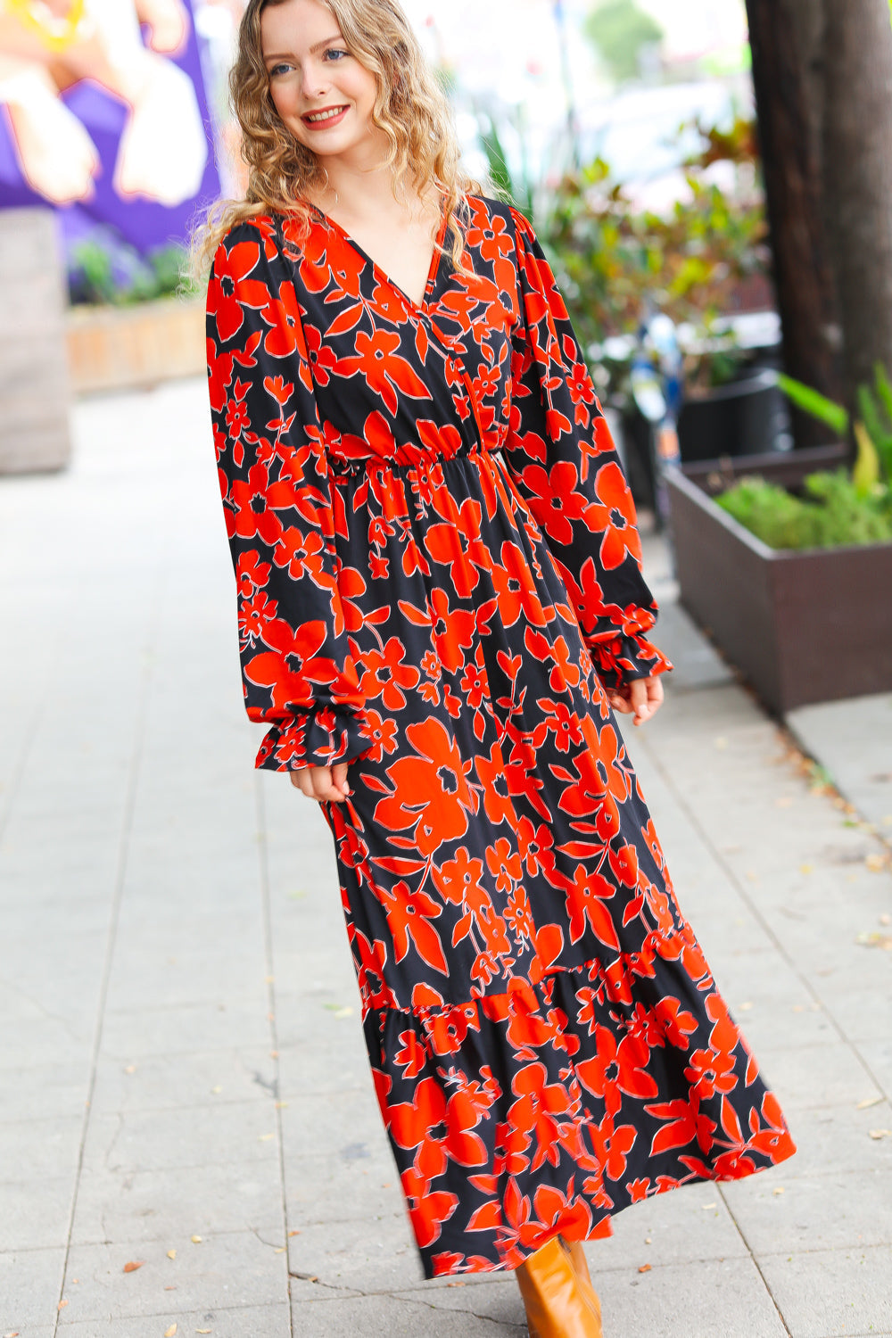 It's A Match Black & Rust Floral Surplice Maxi Dress