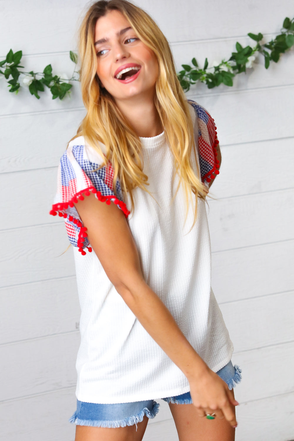 Patriotic Pom Pom Lace Flutter Sleeve Top