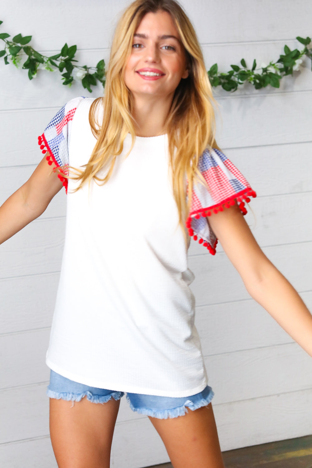 Patriotic Pom Pom Lace Flutter Sleeve Top