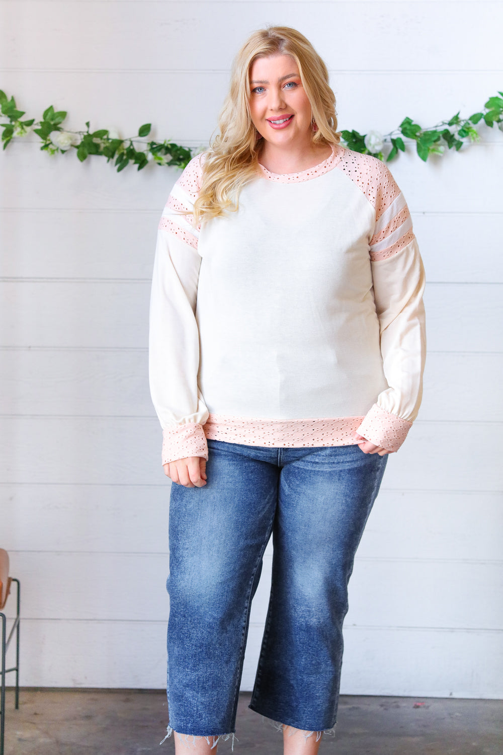 Peach & Beige Eyelet Raglan Pullover Top