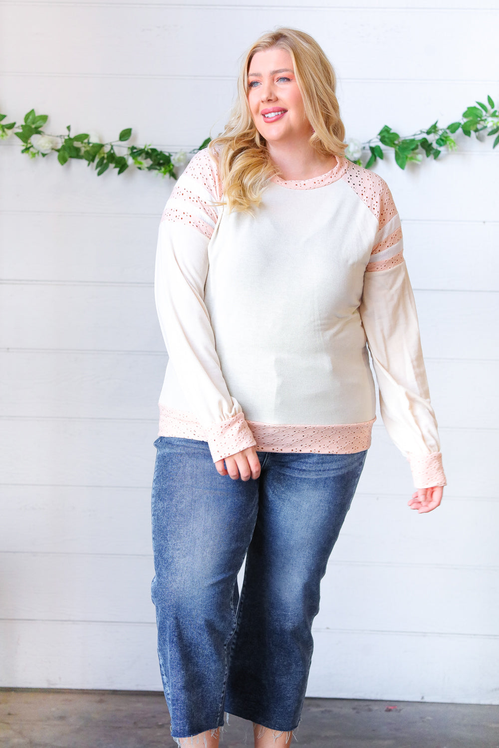 Peach & Beige Eyelet Raglan Pullover Top