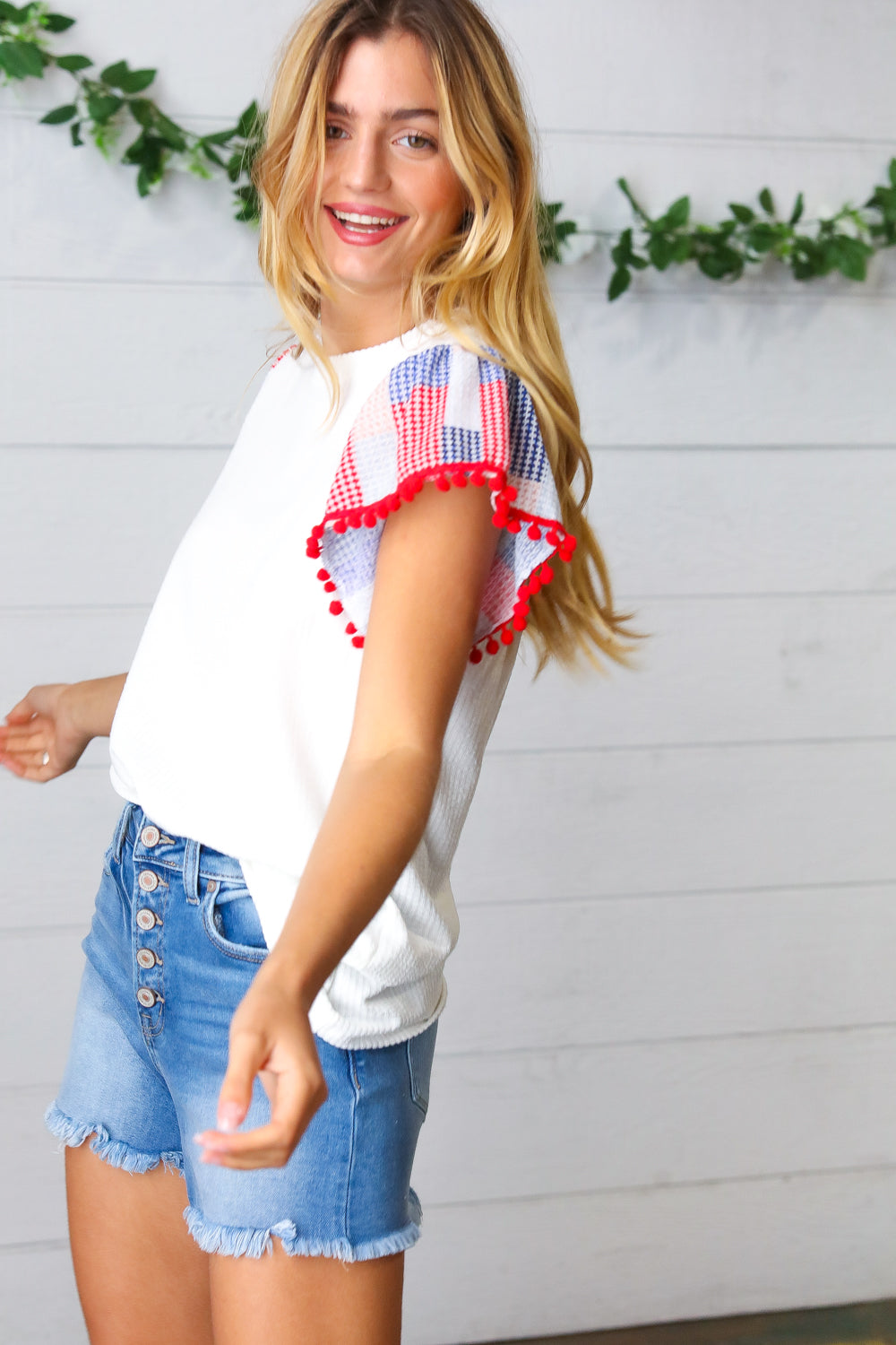 Patriotic Pom Pom Lace Flutter Sleeve Top