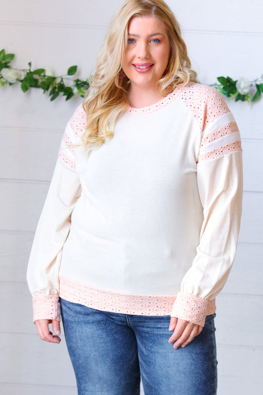 Peach & Beige Eyelet Raglan Pullover Top