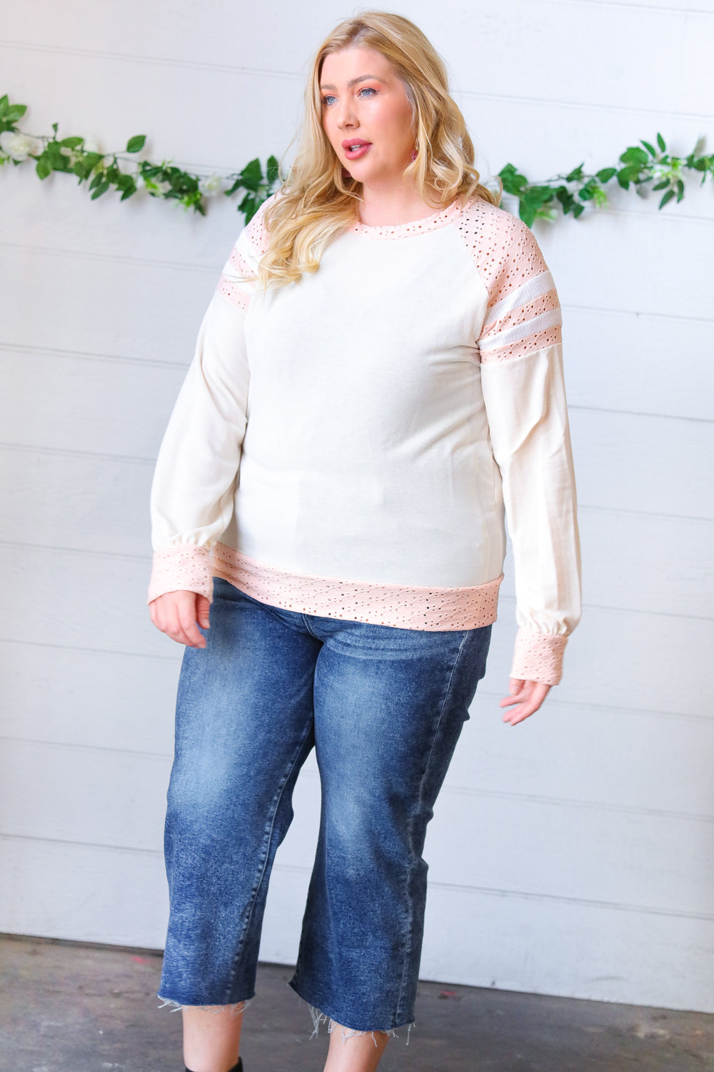 Peach & Beige Eyelet Raglan Pullover Top