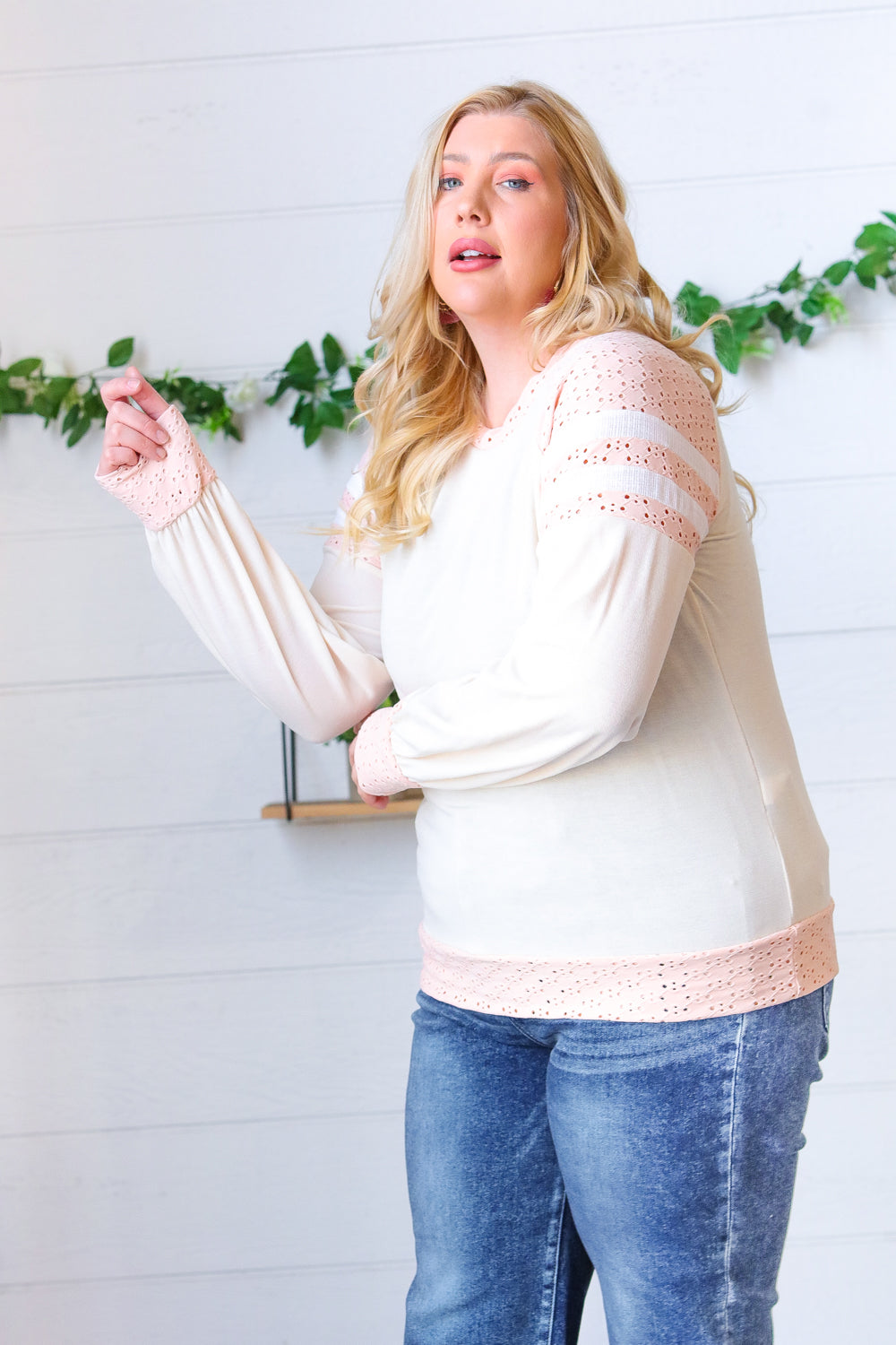 Peach & Beige Eyelet Raglan Pullover Top