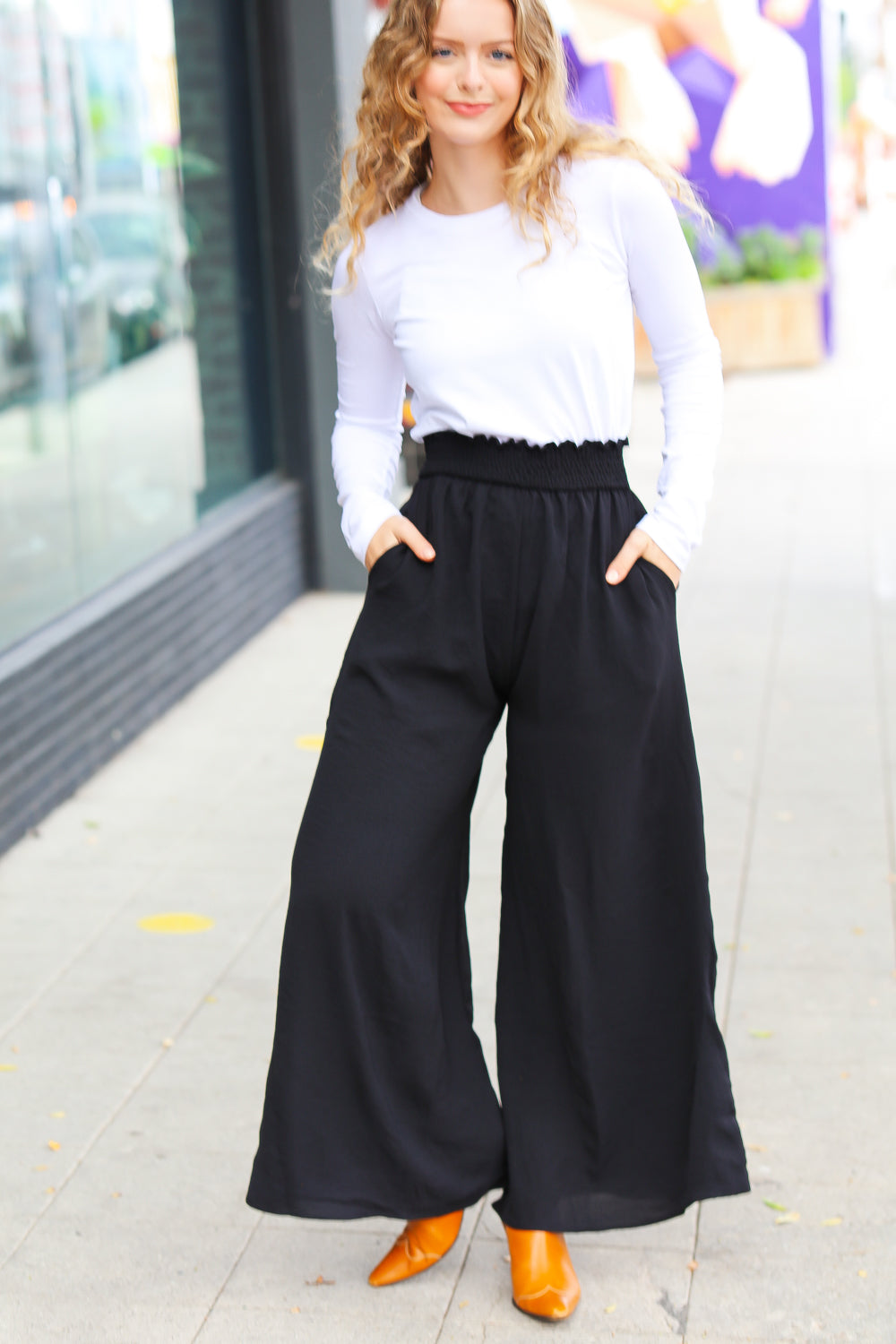 Relaxed Fun Black Smocked Waist Palazzo Pants