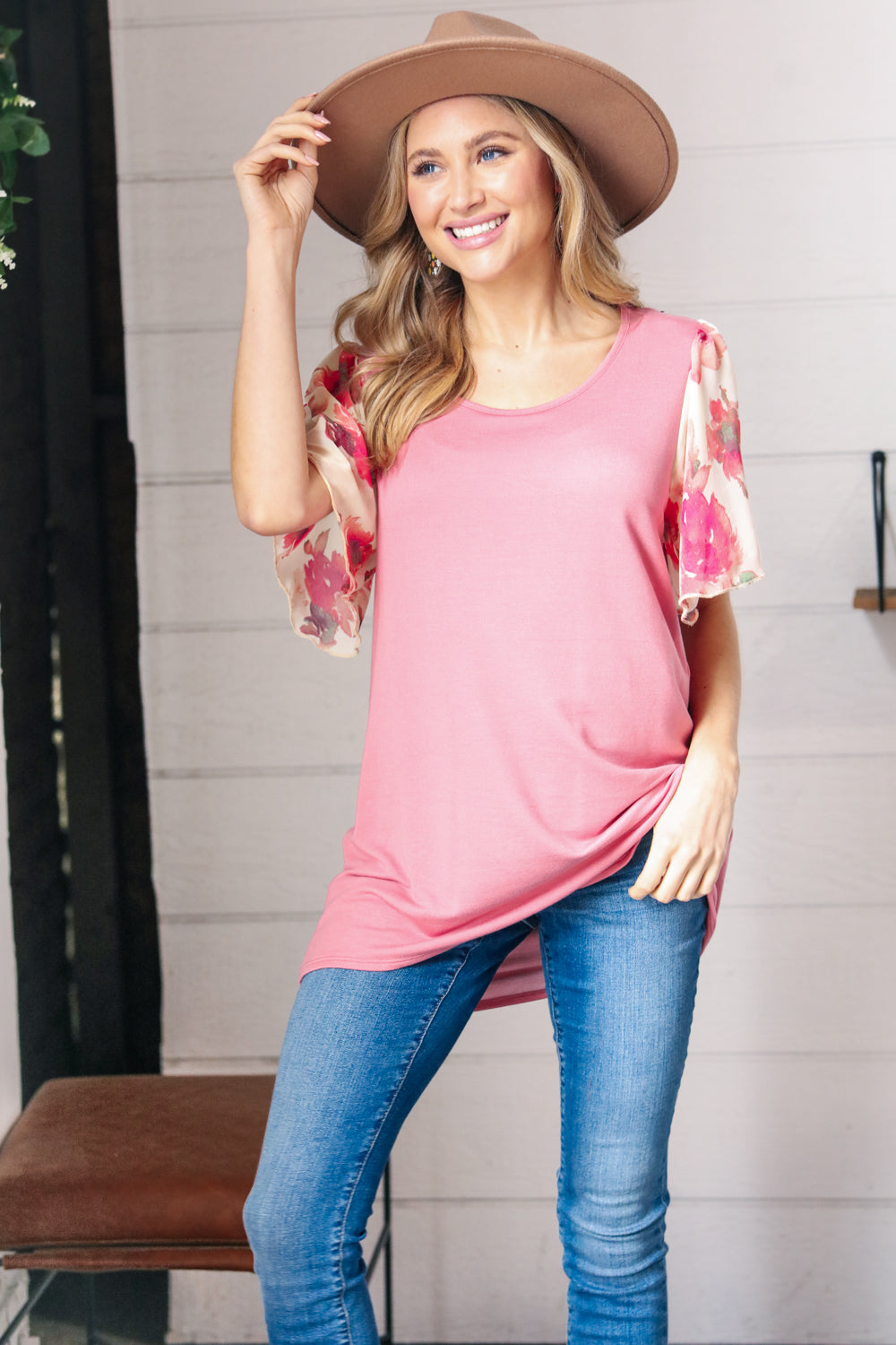 Mauve Rib Floral Chiffon Flutter Sleeve Knit Top