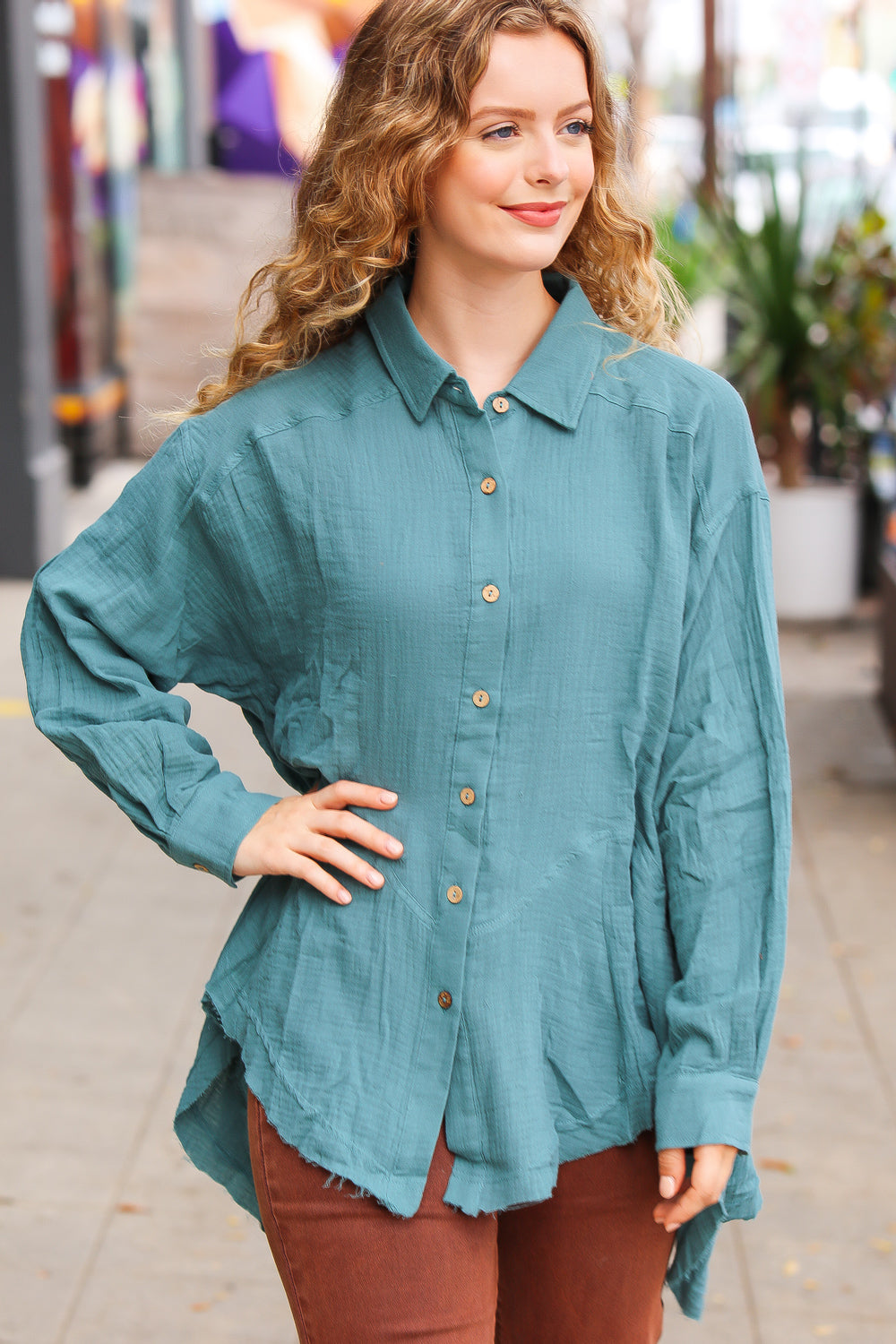 Feeling Bold Teal Button Down Sharkbite Cotton Tunic Top