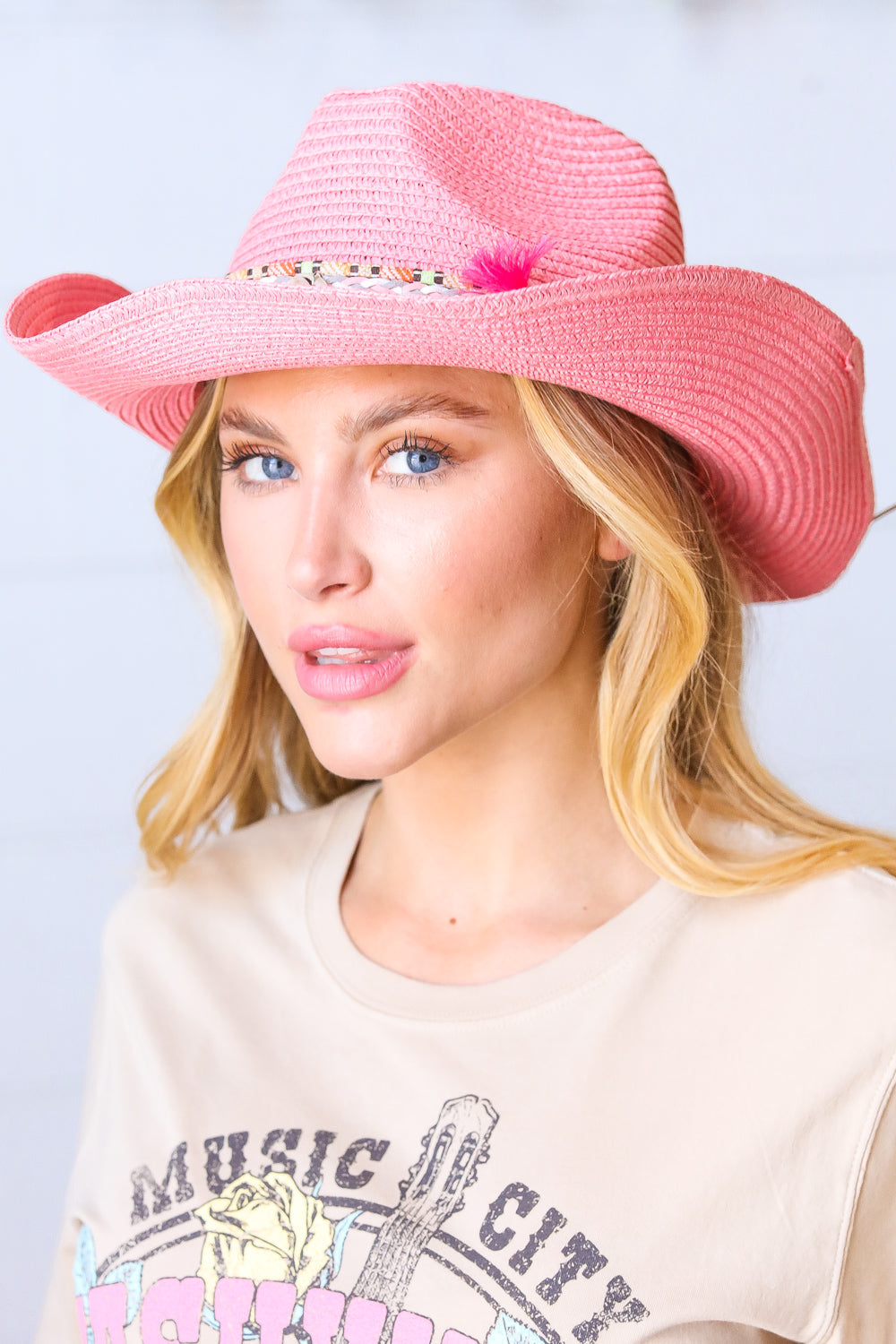 Pink Straw Boho Braided Tassel/Shell Strap Fedora