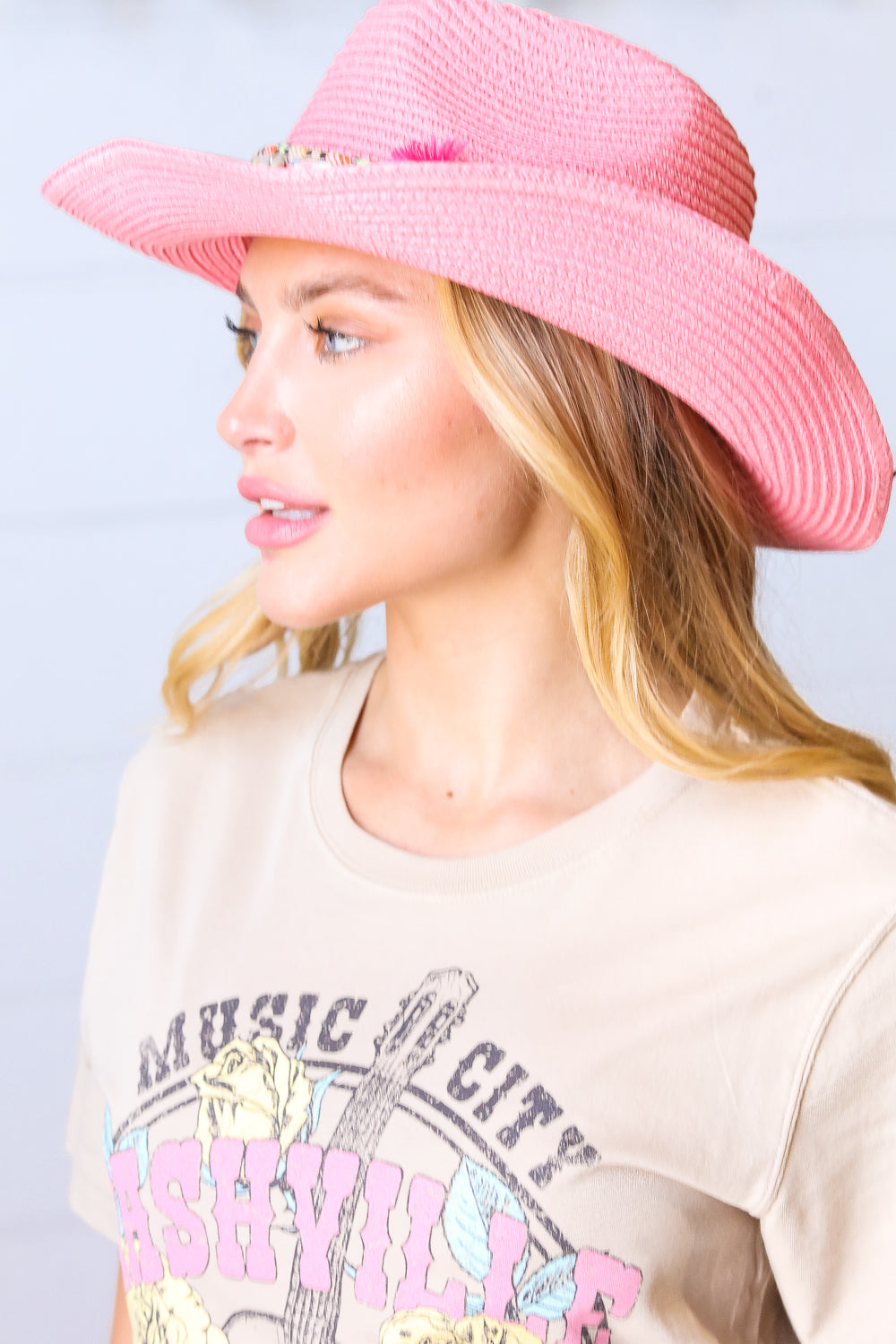 Pink Straw Boho Braided Tassel/Shell Strap Fedora