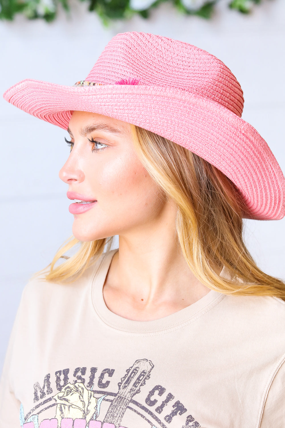 Pink Straw Boho Braided Tassel/Shell Strap Fedora