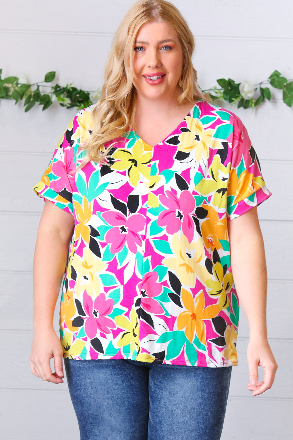 Fuchsia & Emerald Flat Floral V Neck Top