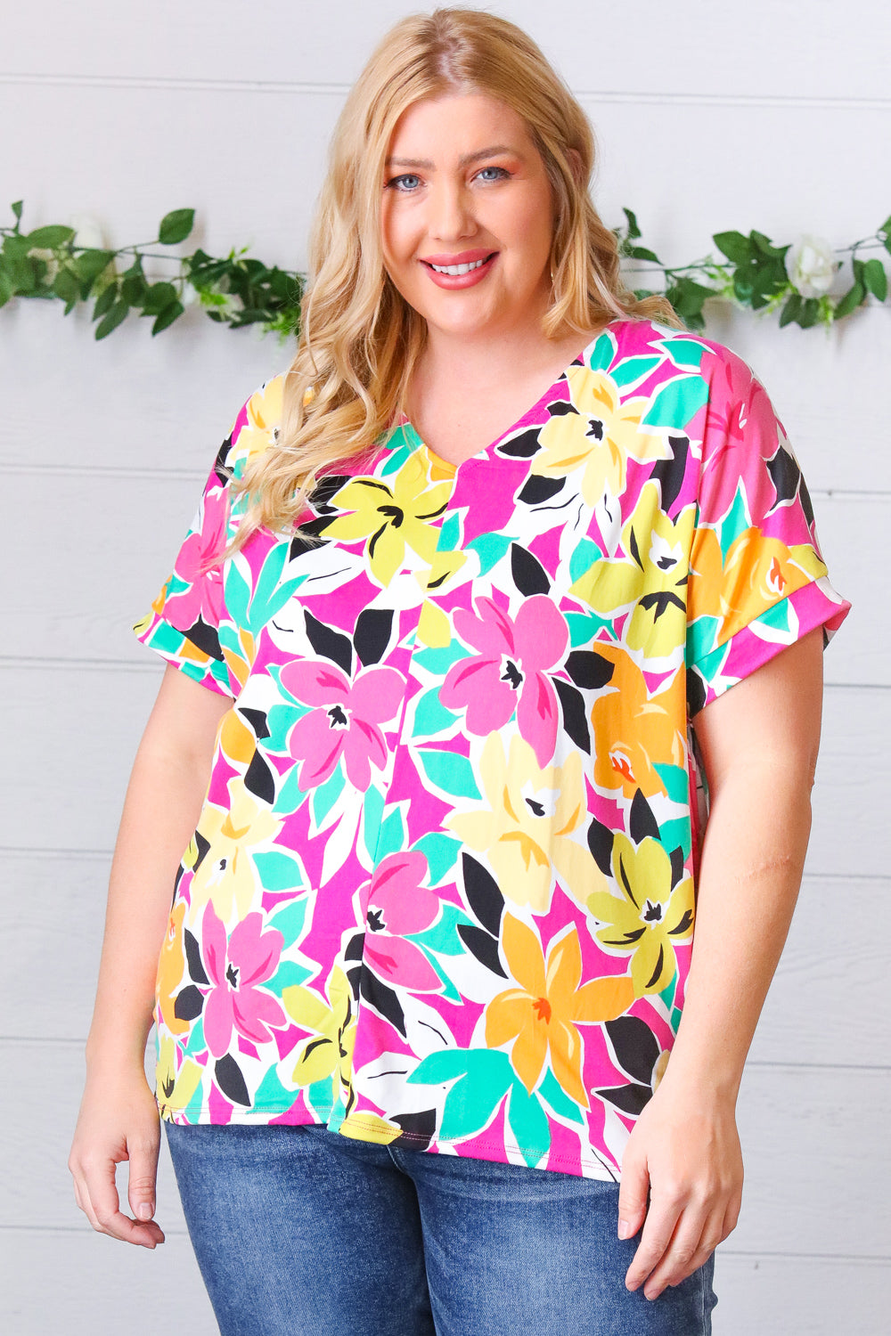 Fuchsia & Emerald Flat Floral V Neck Top