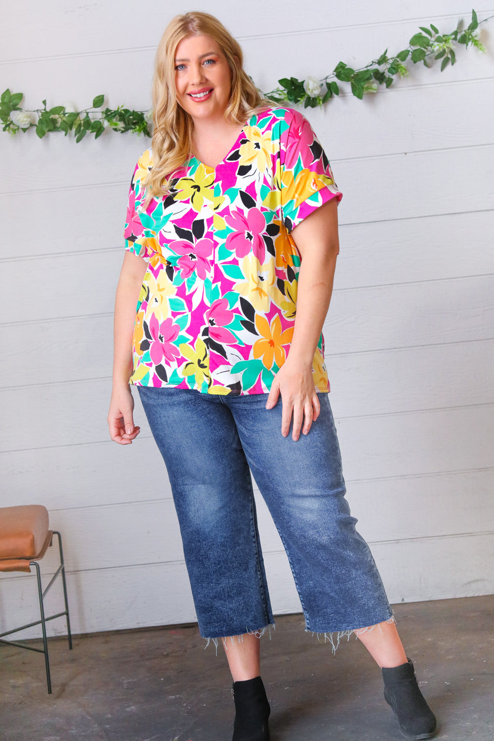 Fuchsia & Emerald Flat Floral V Neck Top