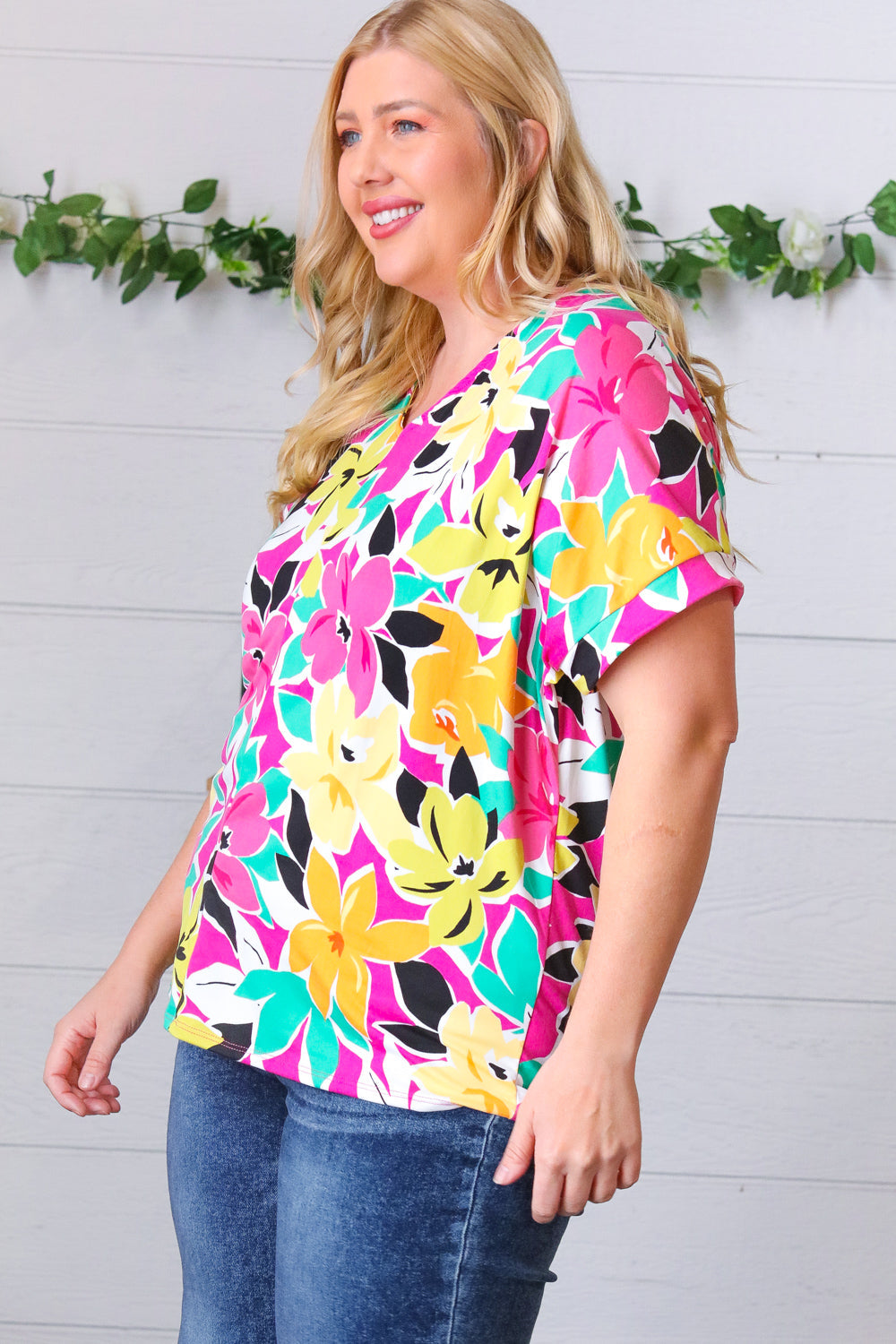 Fuchsia & Emerald Flat Floral V Neck Top