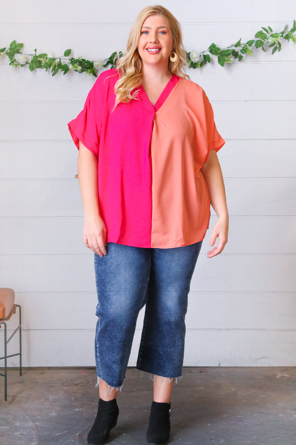 Peach & Magenta Color Block V Neck Crepe Top