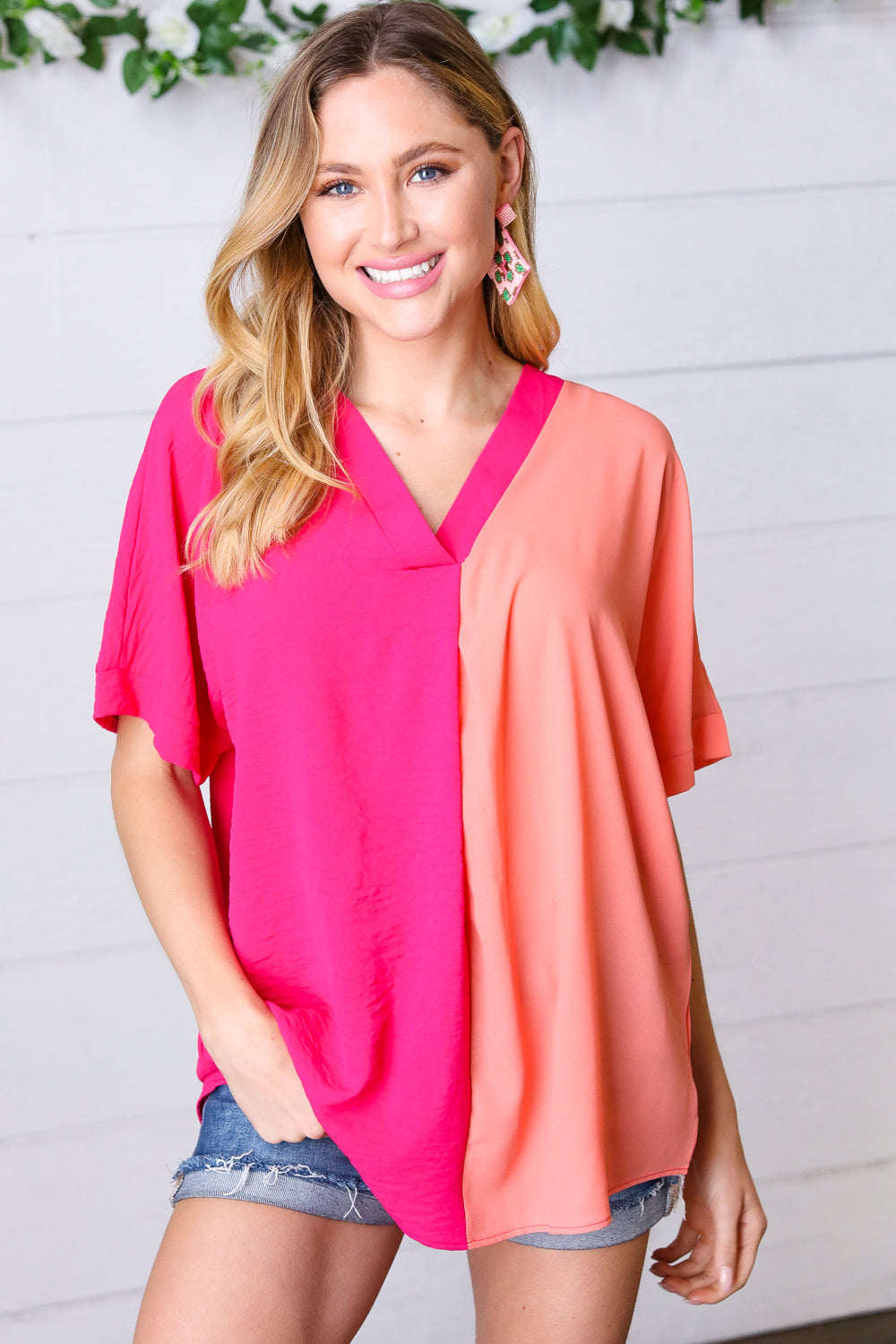 Peach & Magenta Color Block V Neck Crepe Top