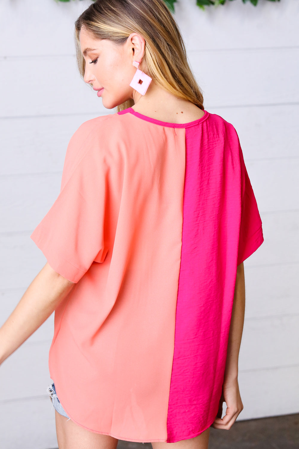 Peach & Magenta Color Block V Neck Crepe Top