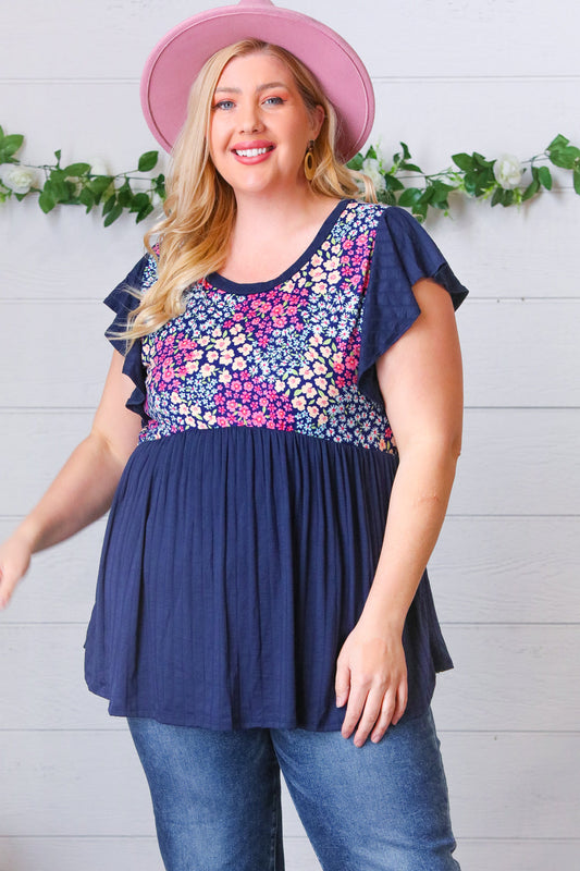 Navy Floral Yoke Babydoll Rib Flutter Sleeve Top