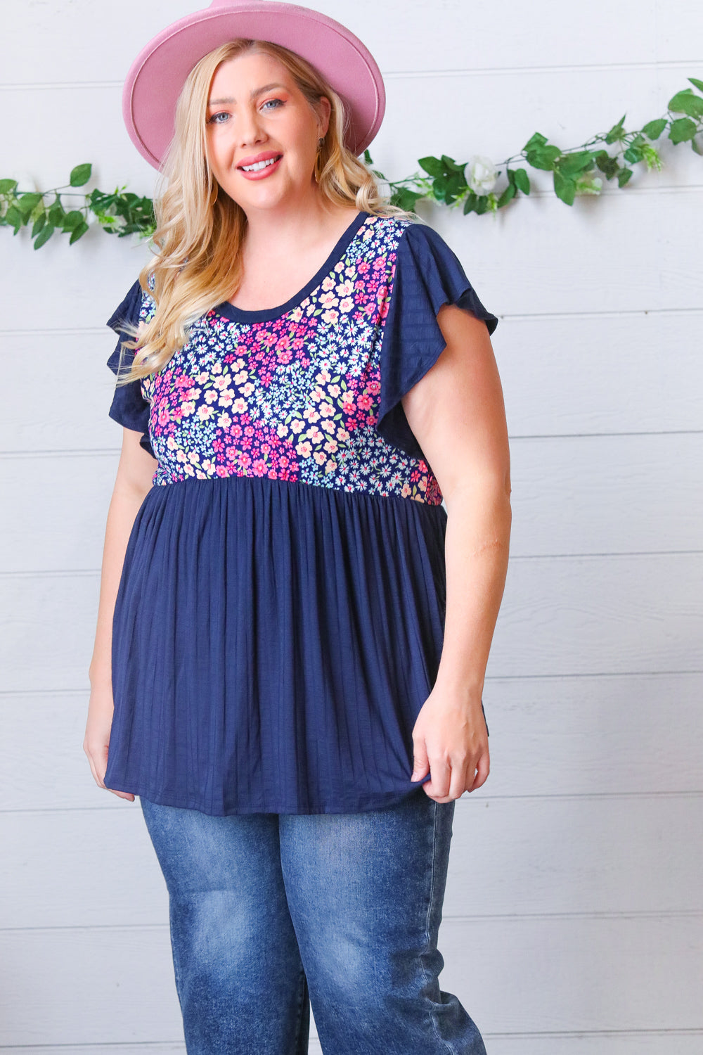 Navy Floral Yoke Babydoll Rib Flutter Sleeve Top