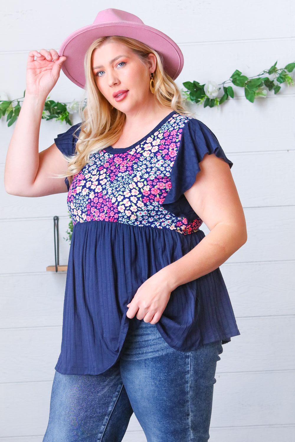 Navy Floral Yoke Babydoll Rib Flutter Sleeve Top