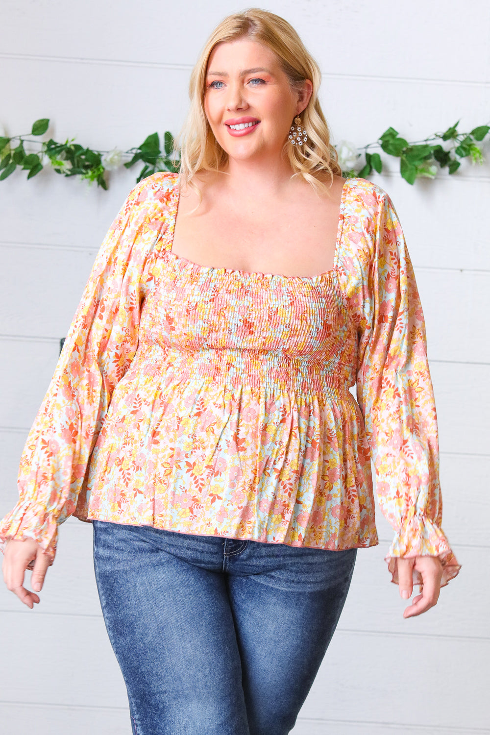 Peach/Teal Floral Square Neck Smocked Challis Blouse