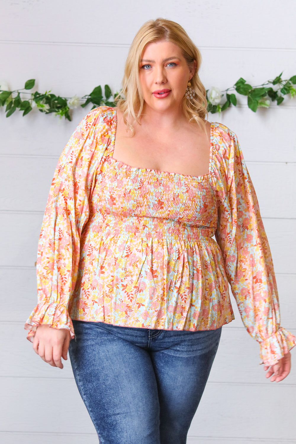 Peach/Teal Floral Square Neck Smocked Challis Blouse