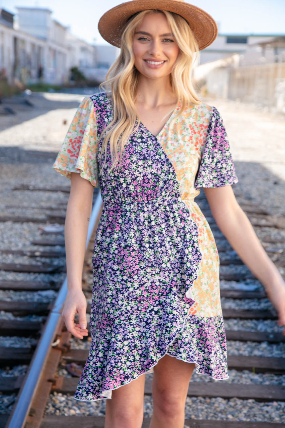 Navy Surplice Ditzy Floral Ruffle Hem Midi Dress