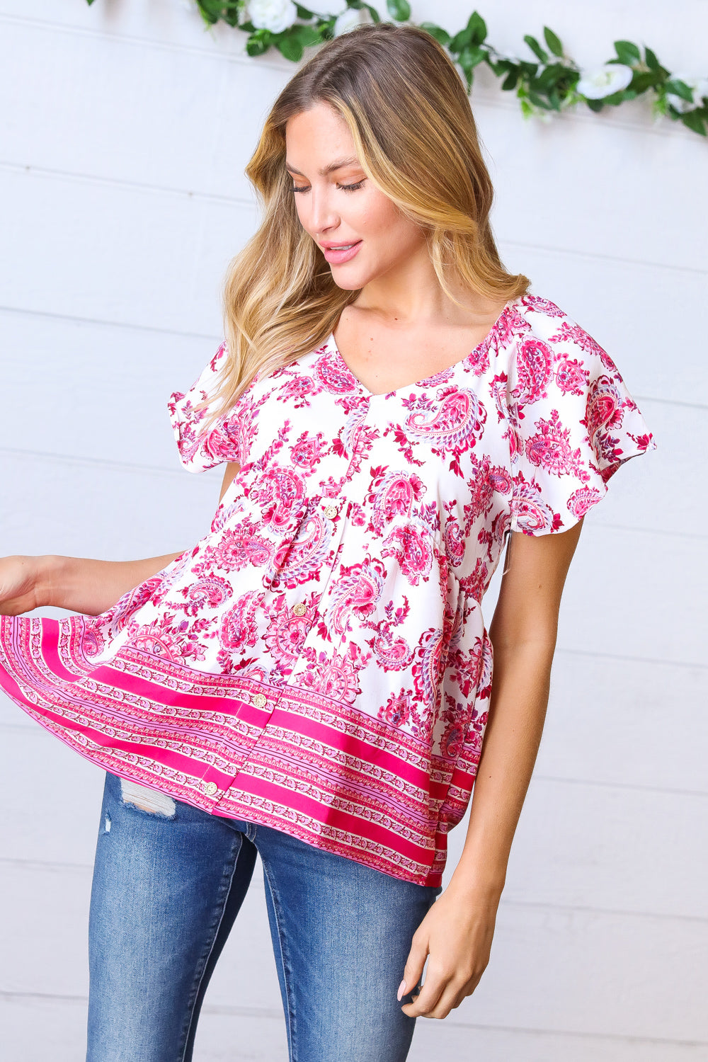 Fuchsia Paisley Babydoll Button Down Woven Top