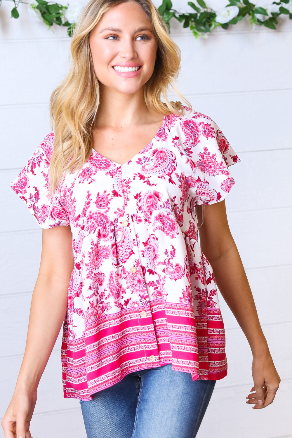 Fuchsia Paisley Babydoll Button Down Woven Top