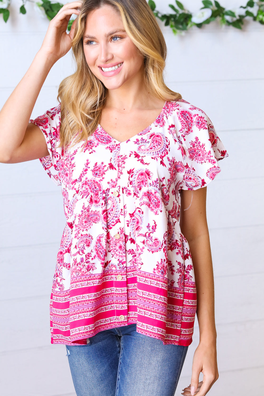 Fuchsia Paisley Babydoll Button Down Woven Top