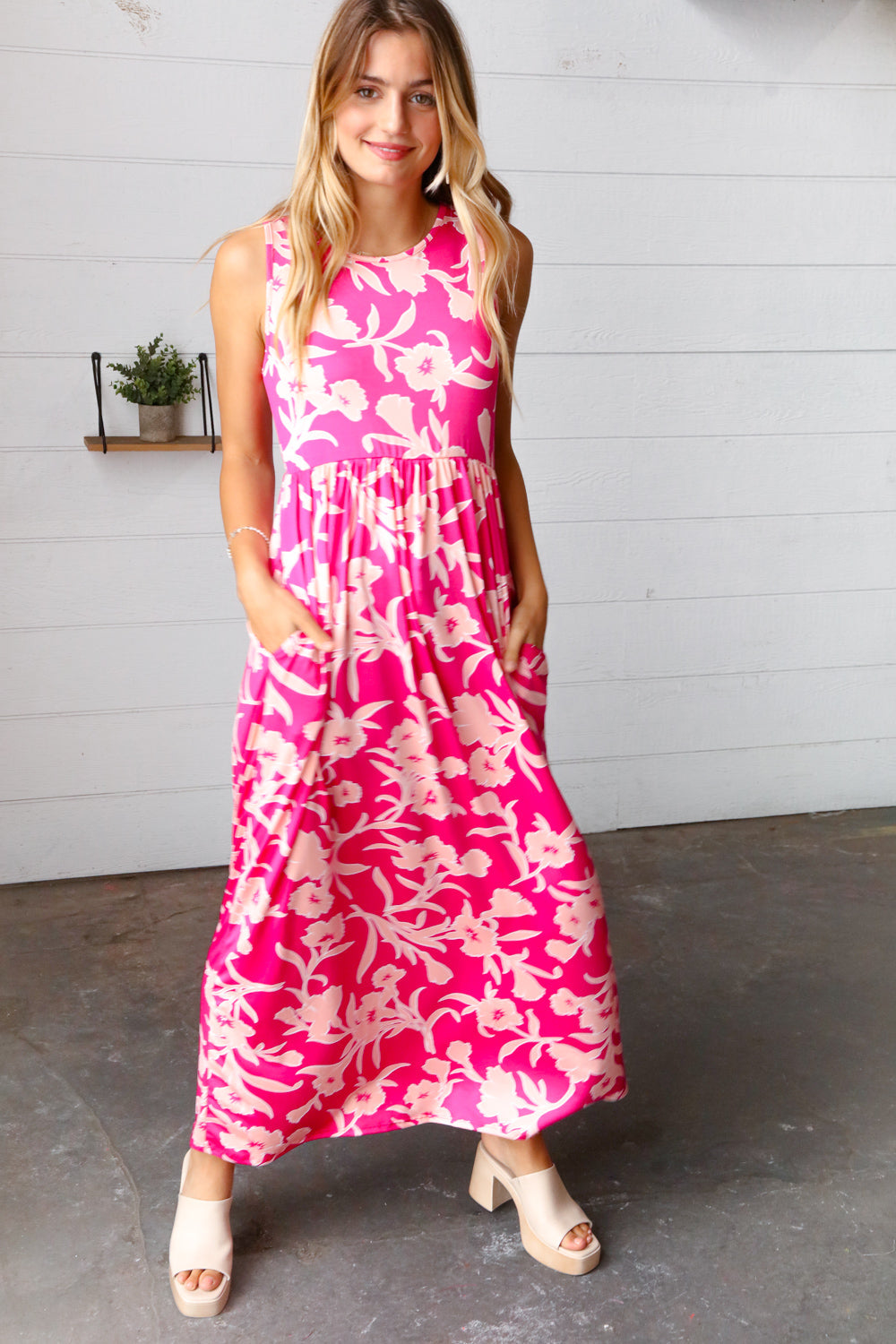 Pink Floral Print Fit and Flare Sleeveless Maxi Dress