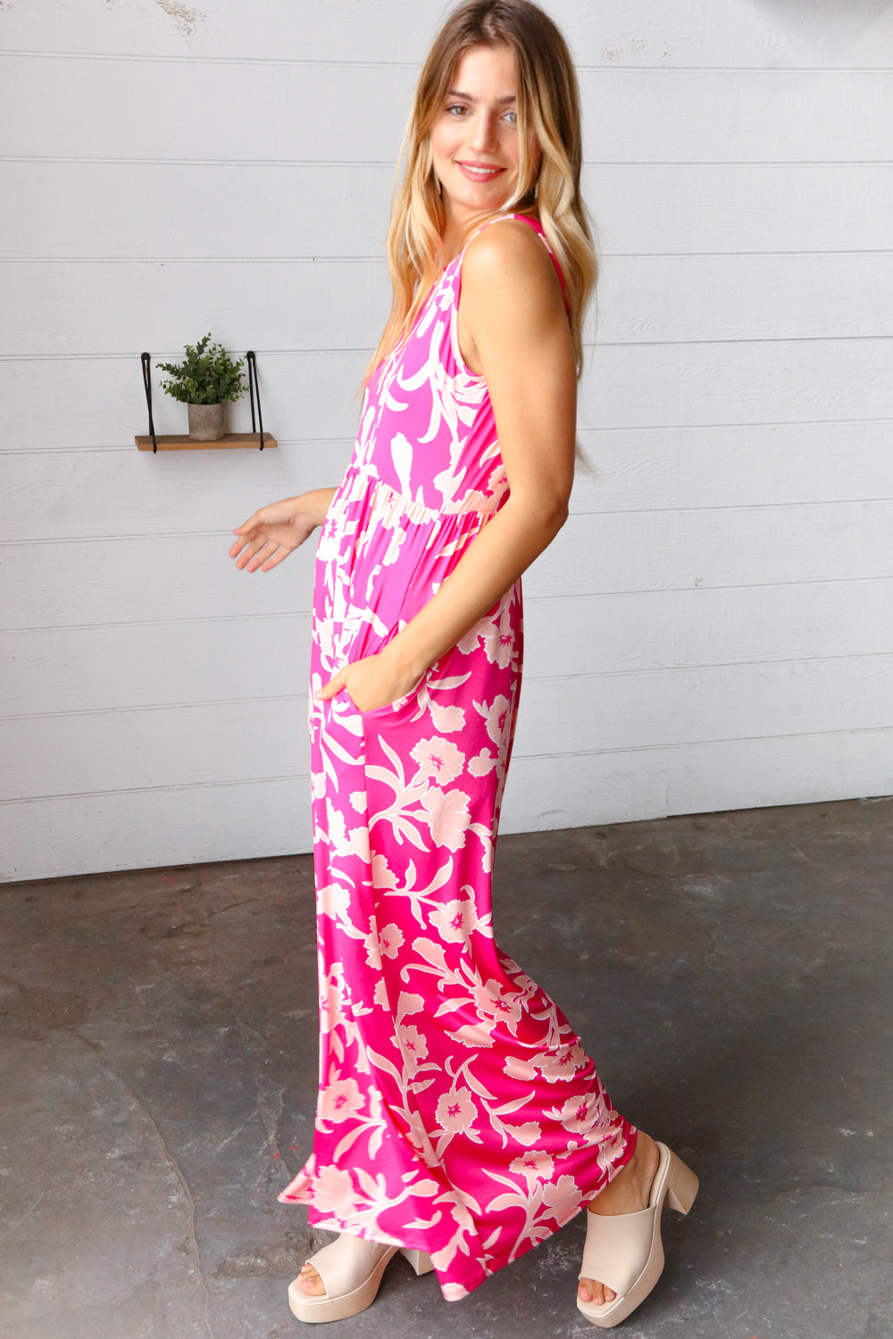 Pink Floral Print Fit and Flare Sleeveless Maxi Dress