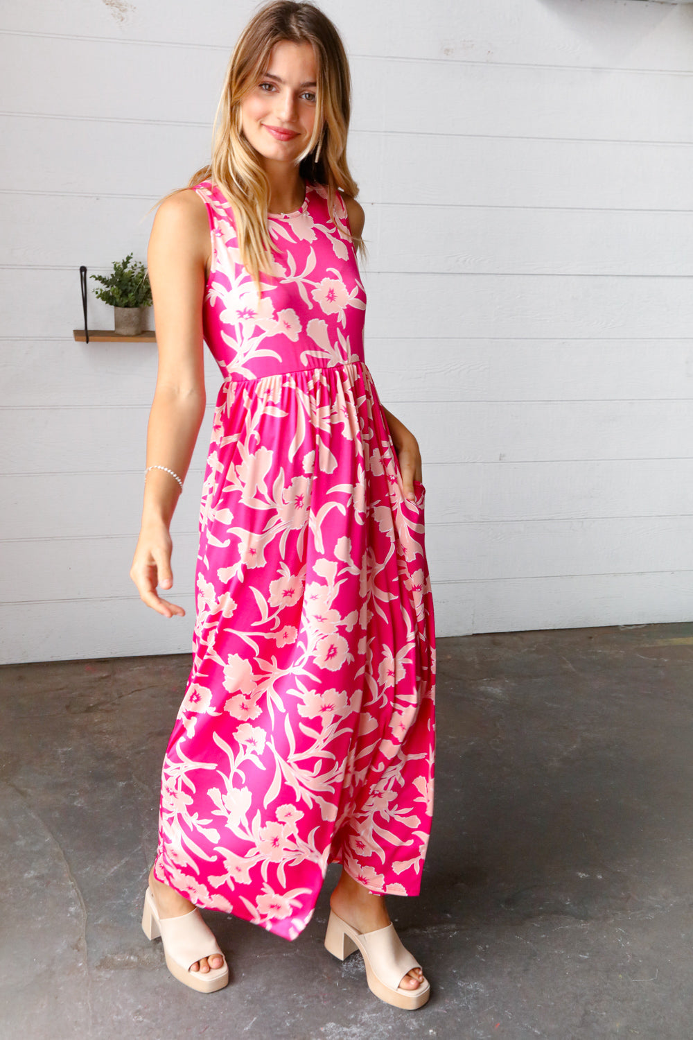 Pink Floral Print Fit and Flare Sleeveless Maxi Dress