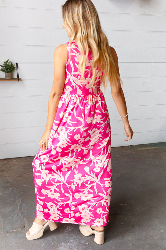 Pink Floral Print Fit and Flare Sleeveless Maxi Dress