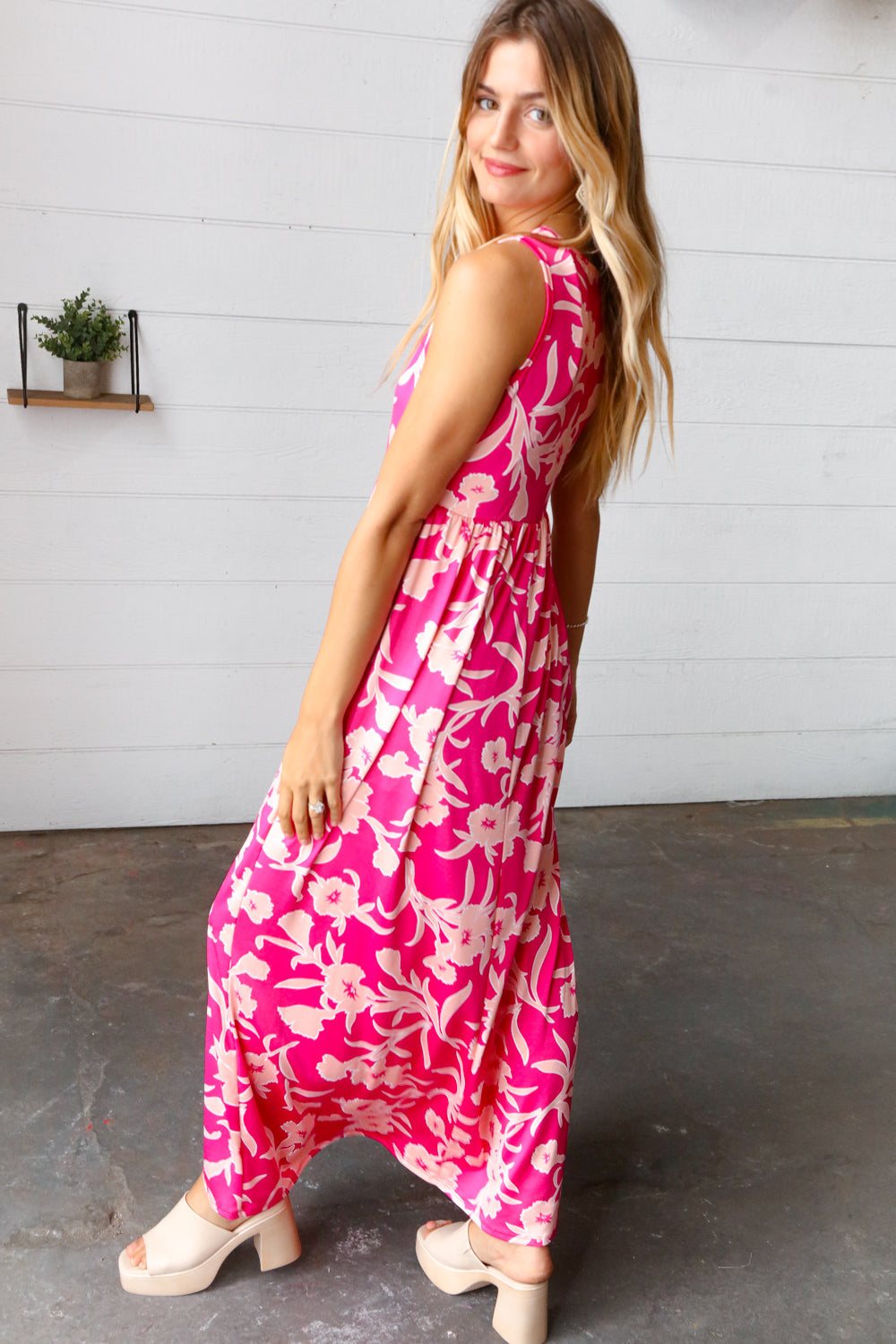 Pink Floral Print Fit and Flare Sleeveless Maxi Dress