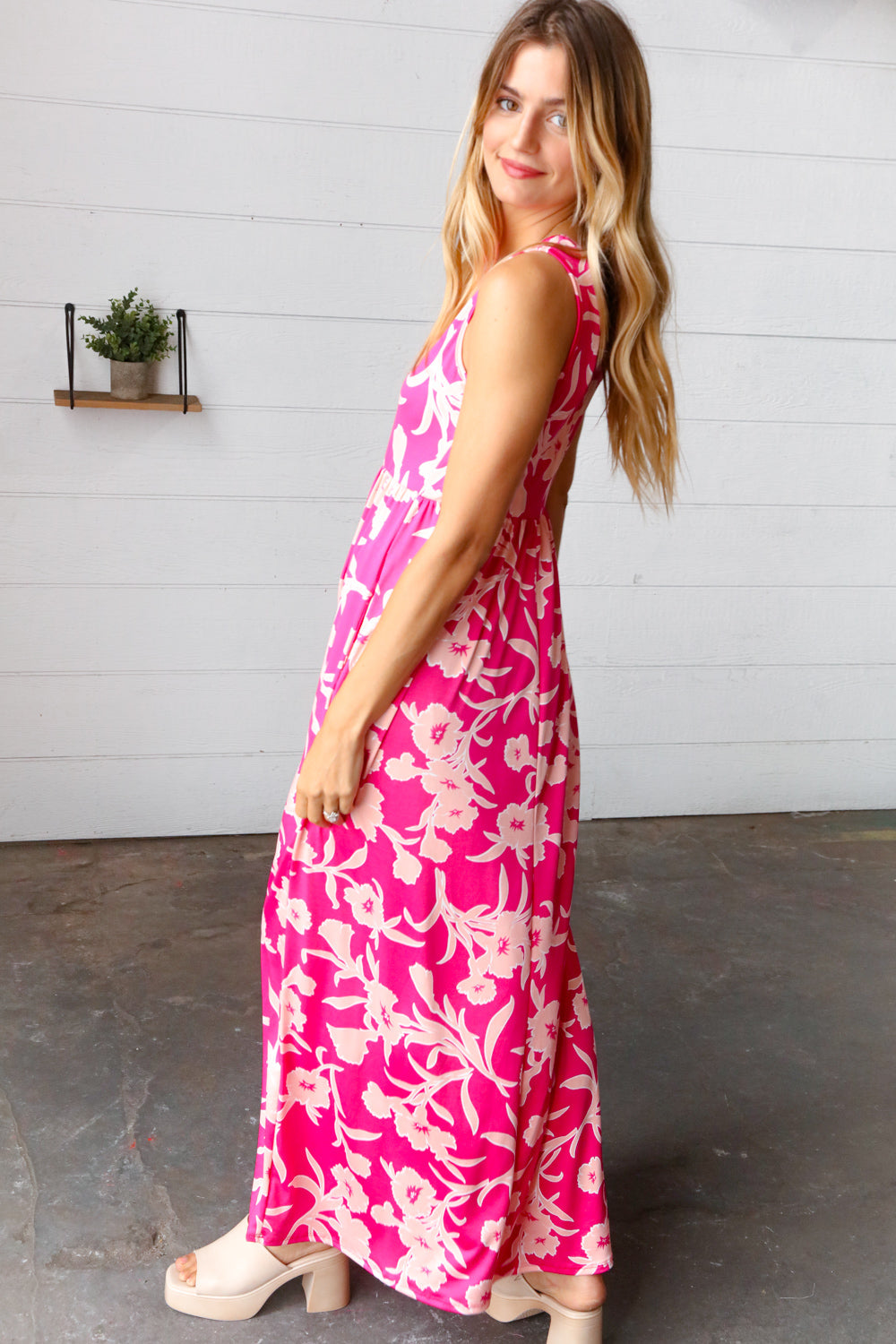 Pink Floral Print Fit and Flare Sleeveless Maxi Dress