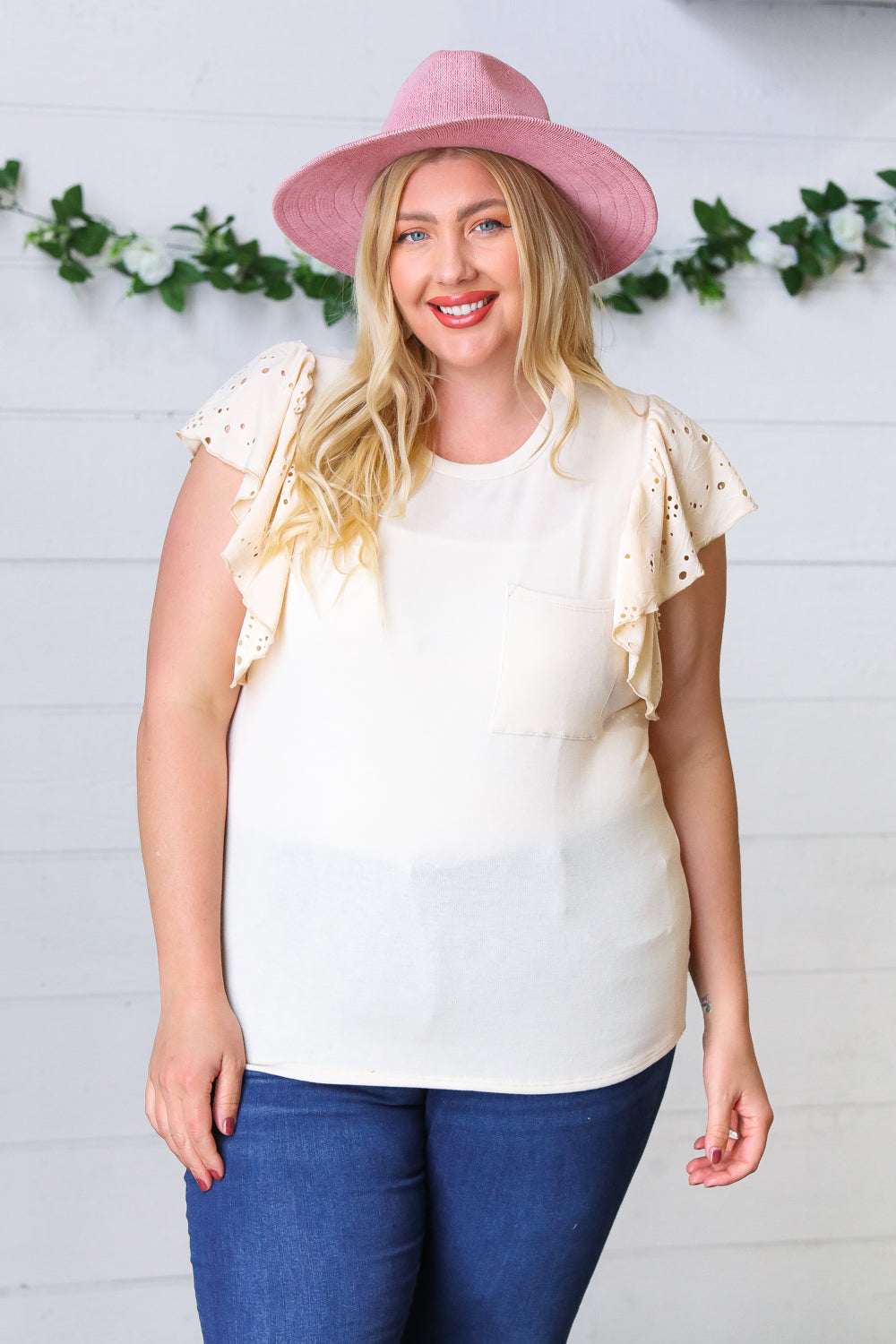 Oatmeal Terry Eyelet Flutter Sleeve Top