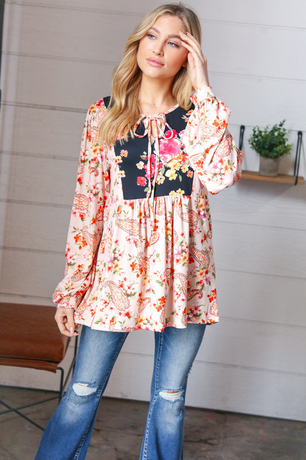 Pink Floral & Paisley Colorblock Front Tie Top