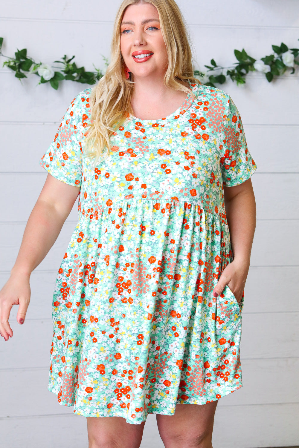 Mint & Coral Floral Babydoll Fit and Flare Dress