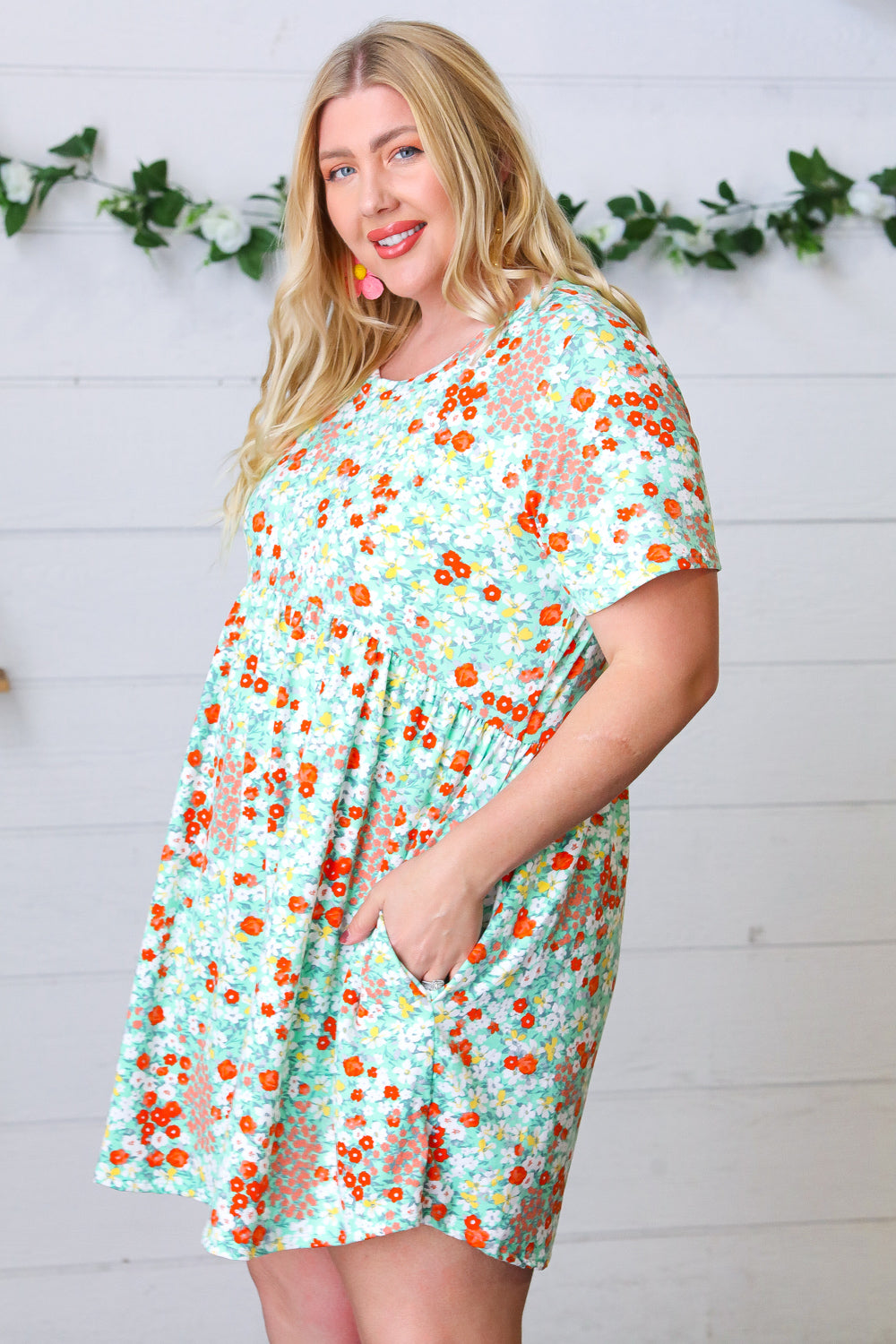 Mint & Coral Floral Babydoll Fit and Flare Dress