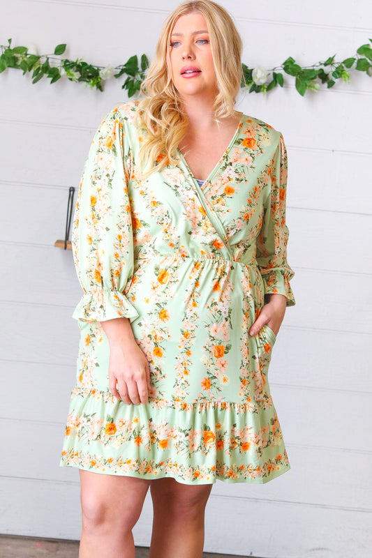 Mint Floral Stripe Surplice Neck Ruffle Dress