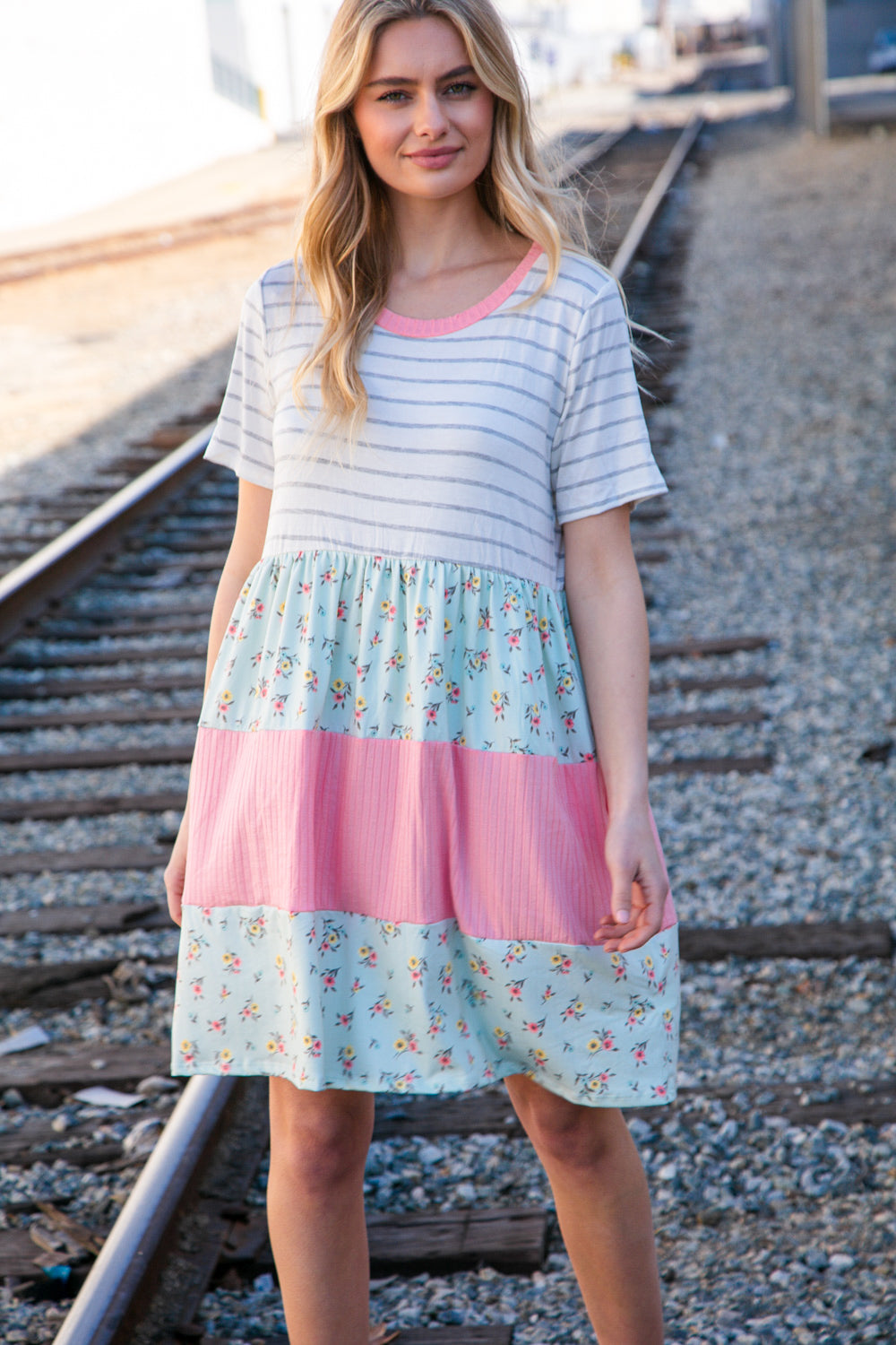 Floral and Stripe Color Block Fit and Flare Rib Dress