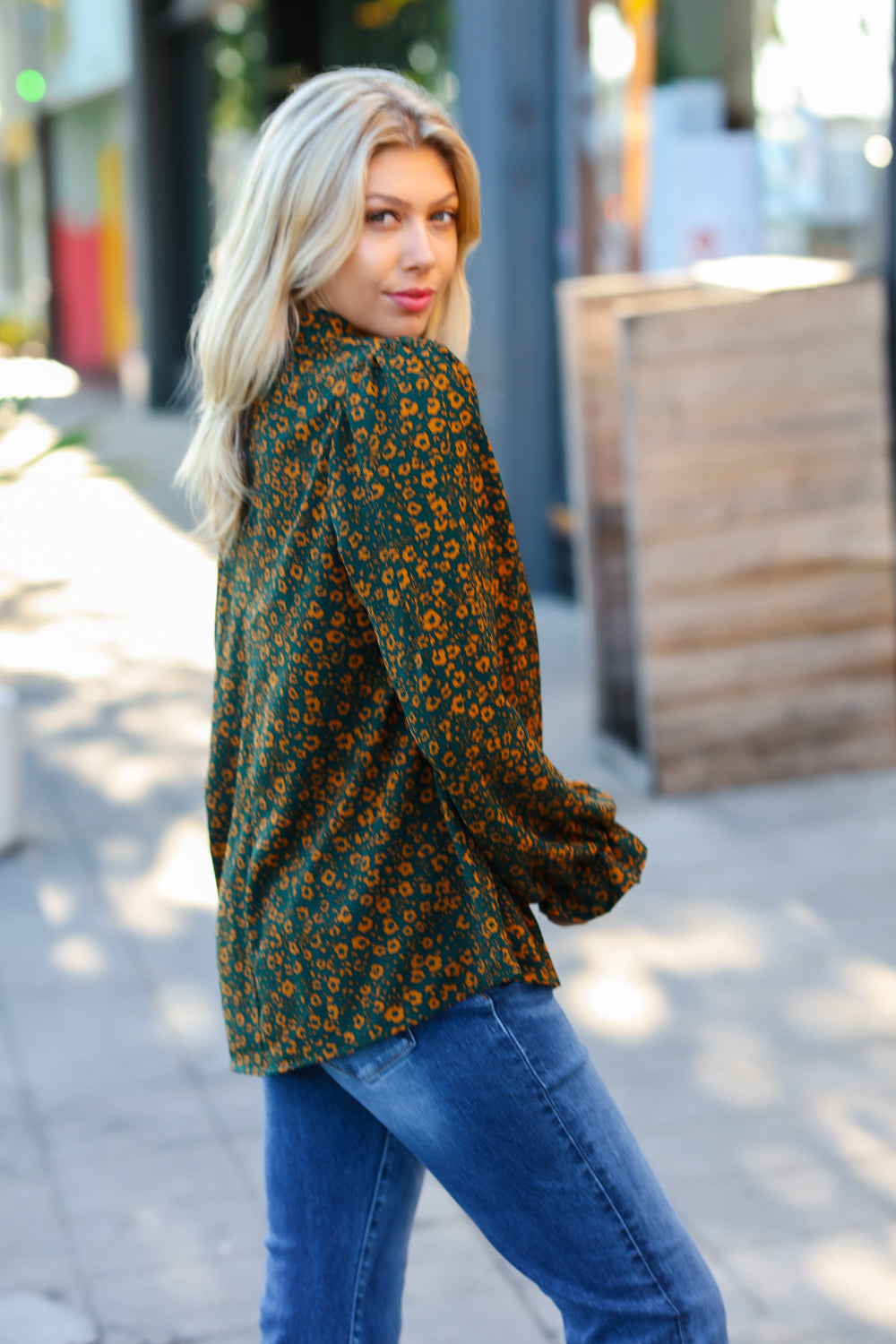 Sweet But Sassy Hunter Green Ditzy Floral Frill Neck Top